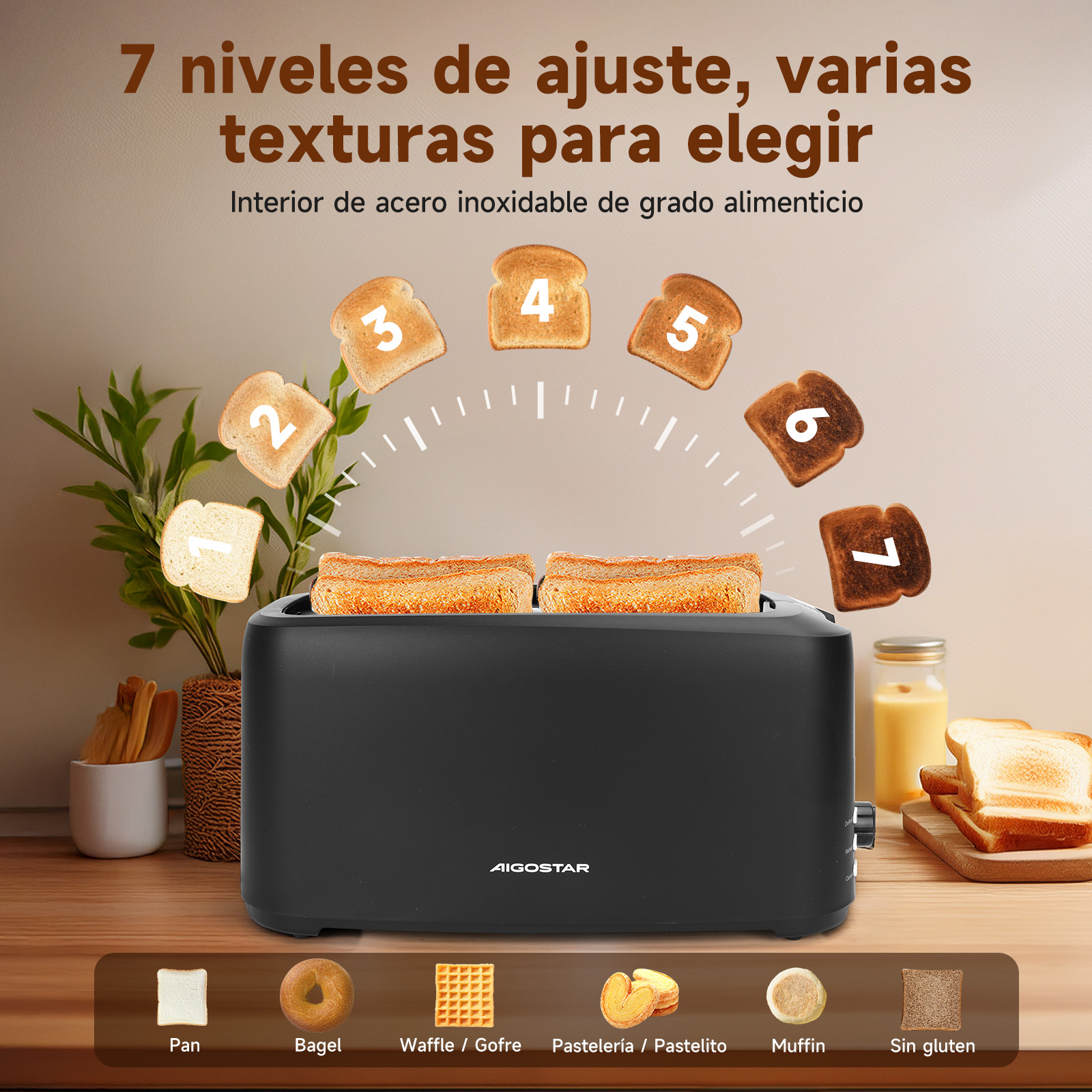 Foto 5 pulgar | Tostadora De Pan 4 Rebanadas 1400w  7 Niveles Ajustables