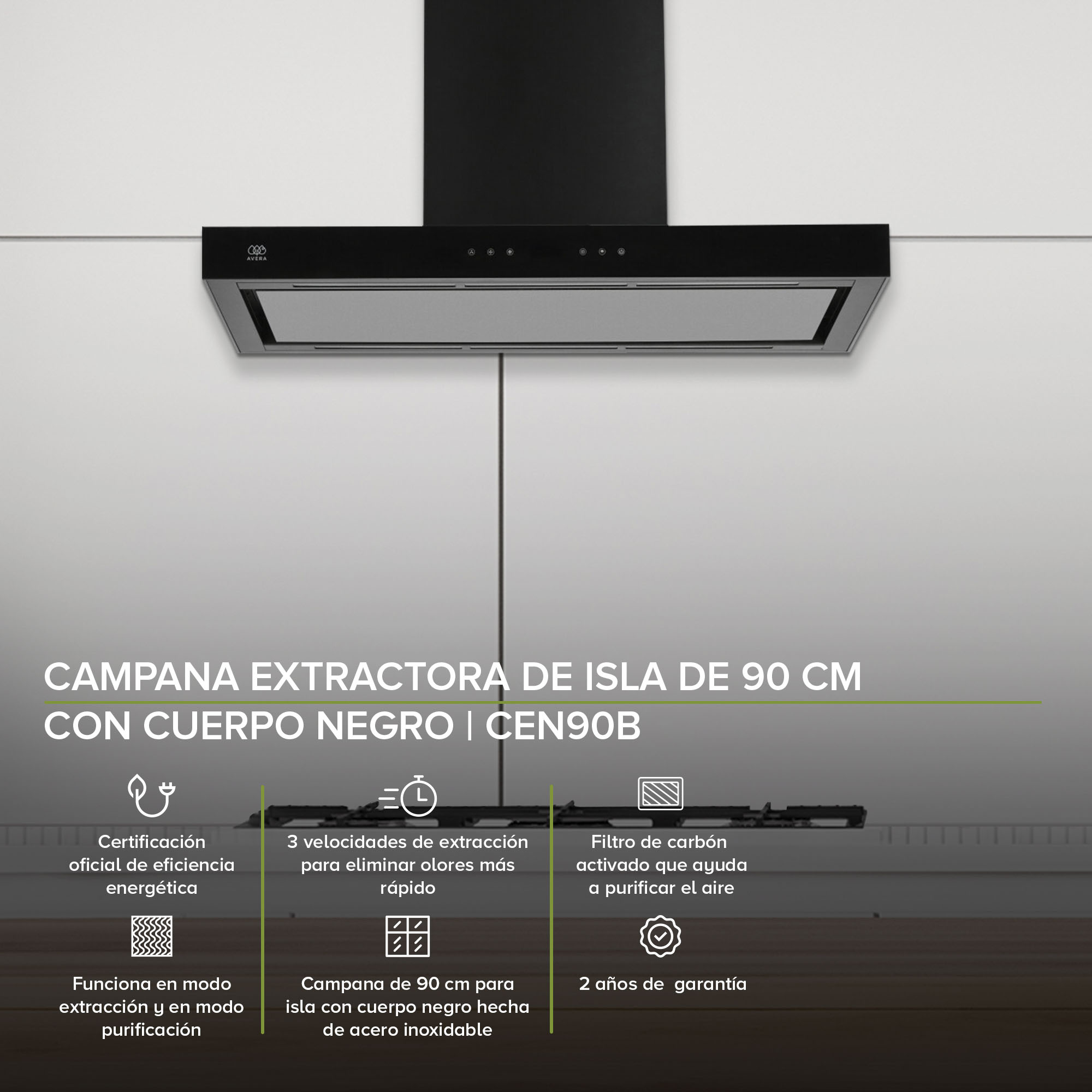 Foto 2 | Campana Extractora Purificadora Avera Cen90b de Isla 90 cm - color Negro