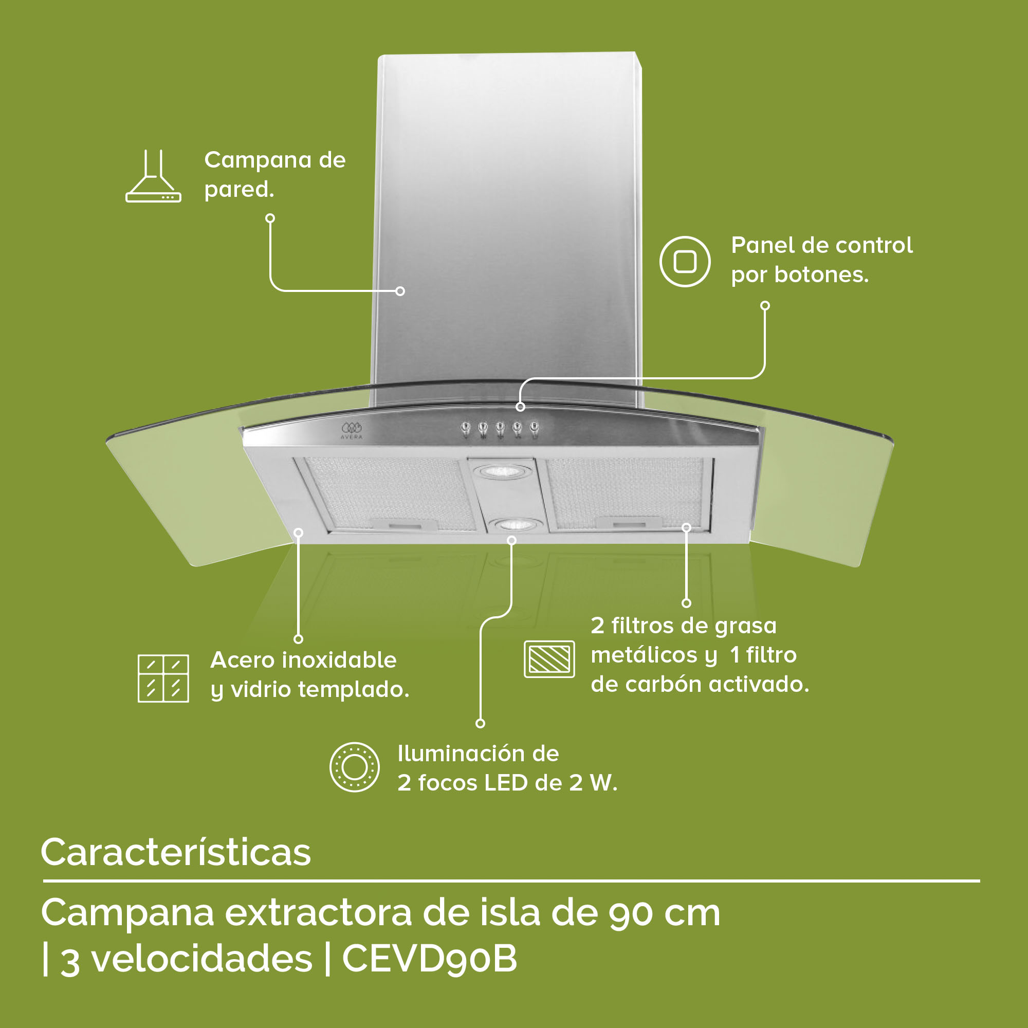 Foto 4 | Campana Extractora De Isla 90 CM Avera Cevd90b - Color Plata