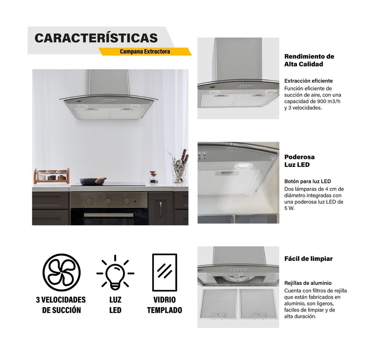 Foto 4 pulgar | Campana Empotrable 600 mm Cristal Templado Gutstark Acero Inoxidable