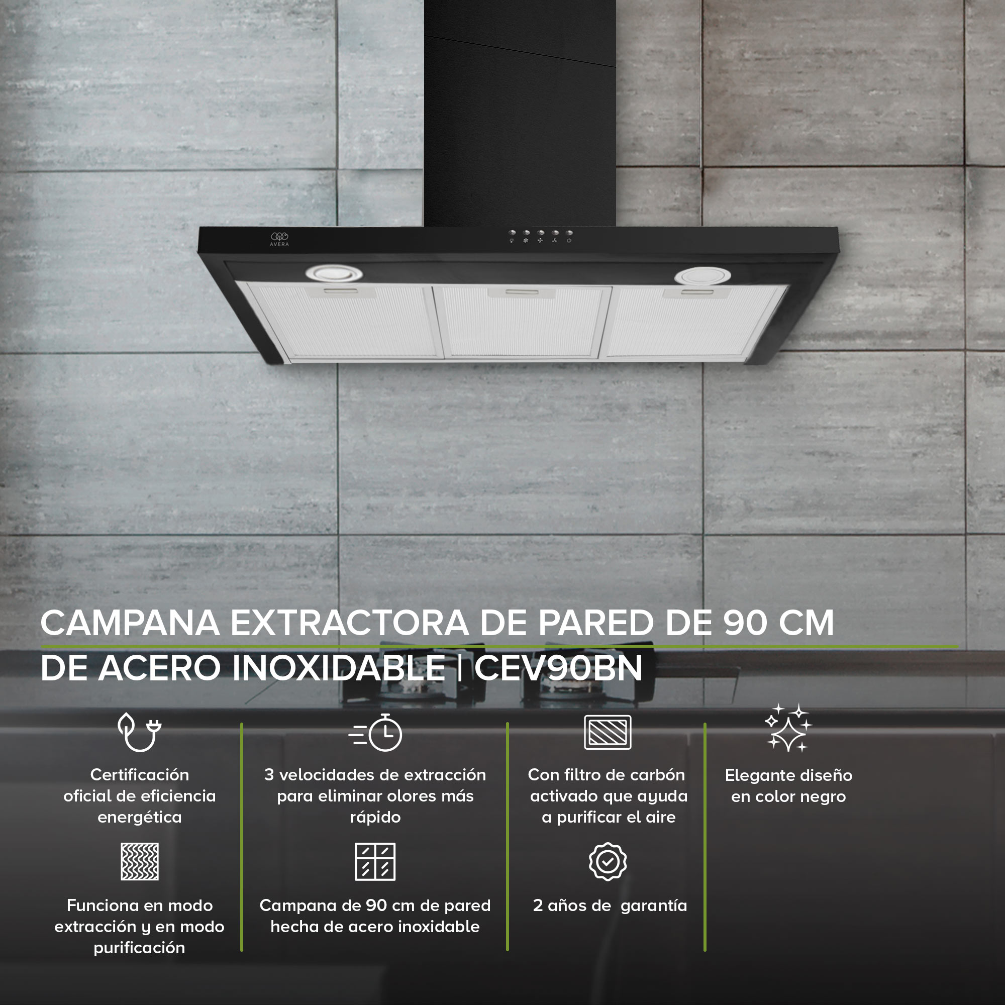 Foto 2 | Campana Extractora de Pared Avera CEV90BN color Negro 90 cm