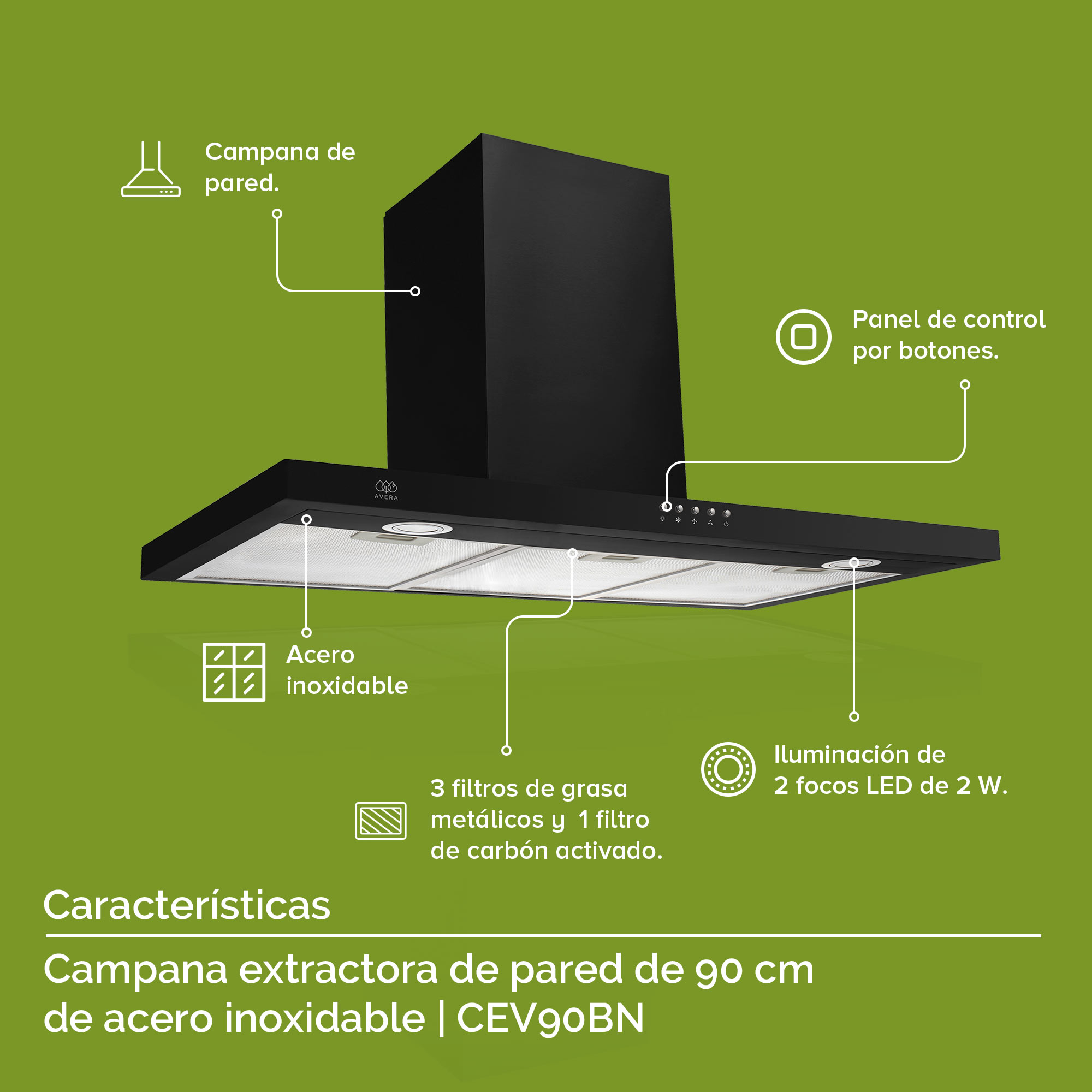 Foto 5 pulgar | Campana Extractora de Pared Avera CEV90BN color Negro 90 cm