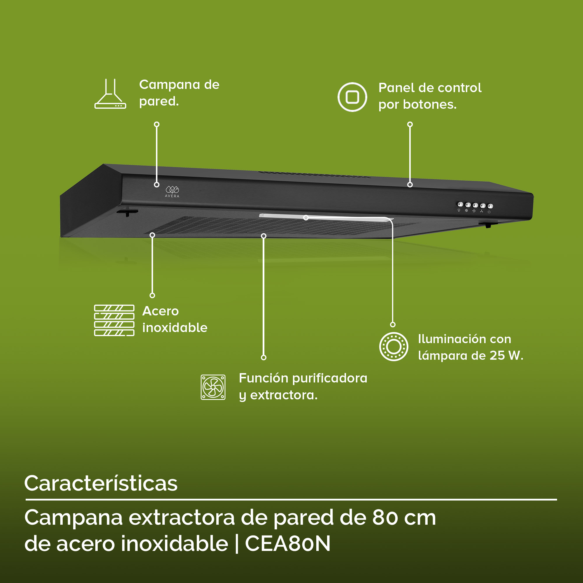 Foto 4 | Campana Extractora de Pared Avera CEA80N color Negro 80 cm