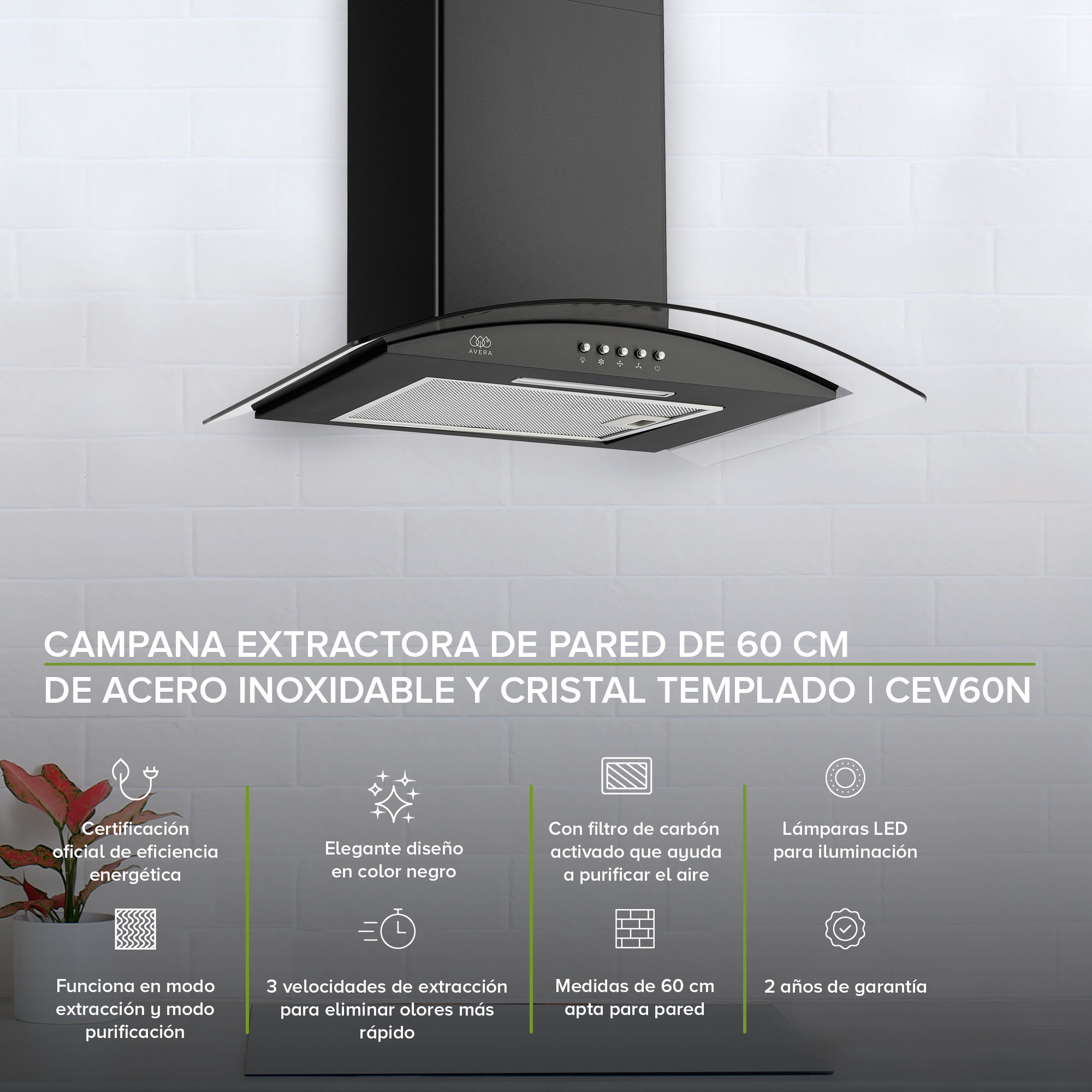 Foto 3 pulgar | Campana Extractora de Pared Avera CEV60N color Negro 60 cm