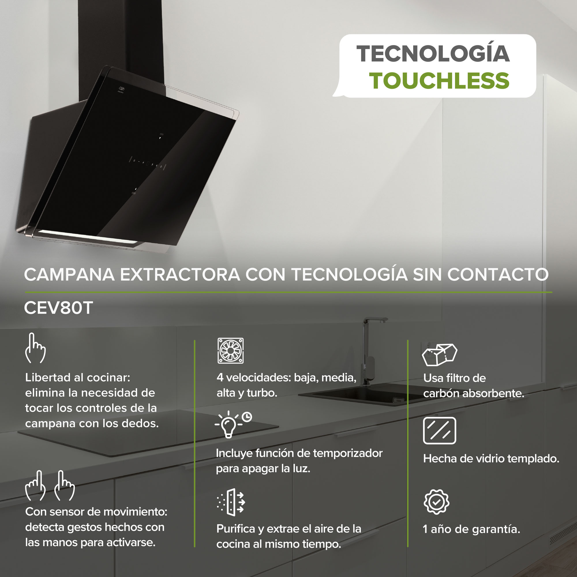 Foto 3 pulgar | Campana De Pared 80 CM Avera Touchless Cev80t - Color Negro