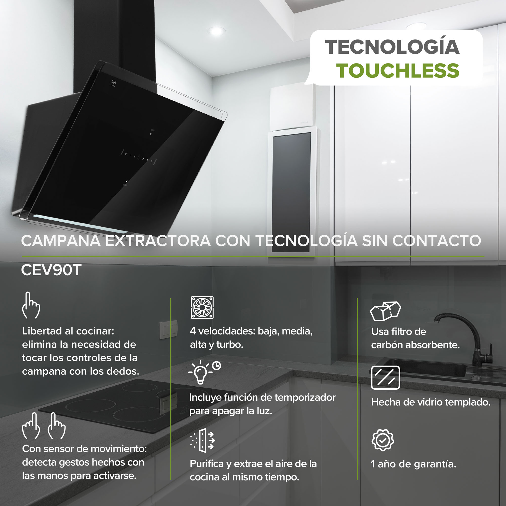 Foto 2 | Campana De Pared 90 CM Avera Touchless Cev90t - Color Negro