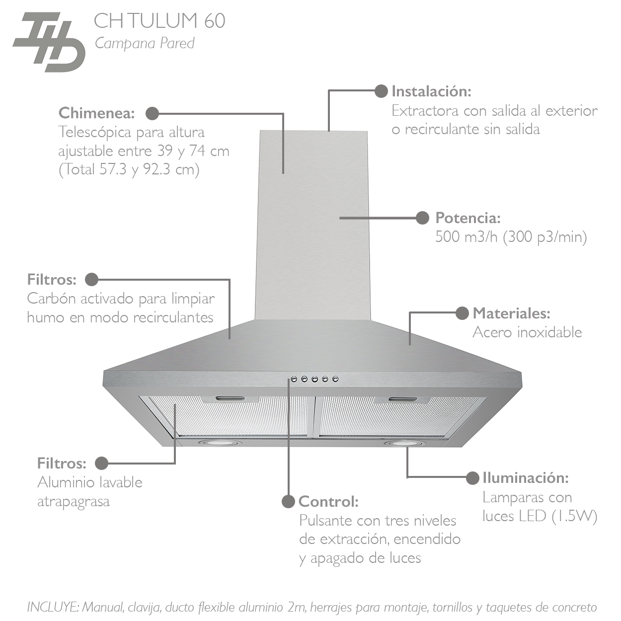 Foto 4 pulgar | Campana Pared Ihd Ch Tulum 60 Cm (24'') Purificadora Acero Inoxidable Piramidal