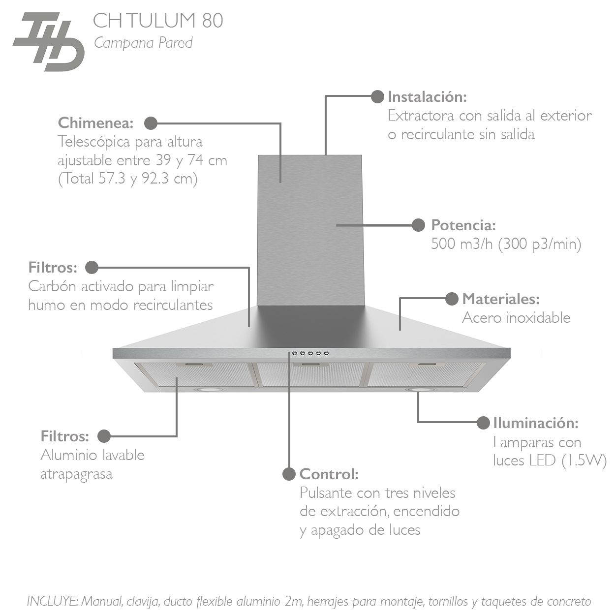 Foto 4 pulgar | Campana Pared Ihd Ch Tulum 80 Cm (31'') Purificadora Acero Inoxidable Piramidal