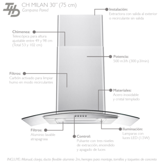 Foto 3 | Campana Pared Ihd Ch Milan 75 Cm Purificadora Acero Inox Y Cristal