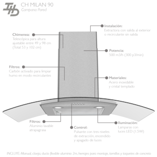 Foto 3 | Campana Pared Ihd Ch Milan 90 Cm (36'') Purificadora Acero Inox Y Cristal