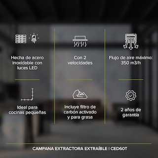 Foto 4 | Campana Extractora Deslizable 60 Cm Oculta Avera Ced60t - Color Negro