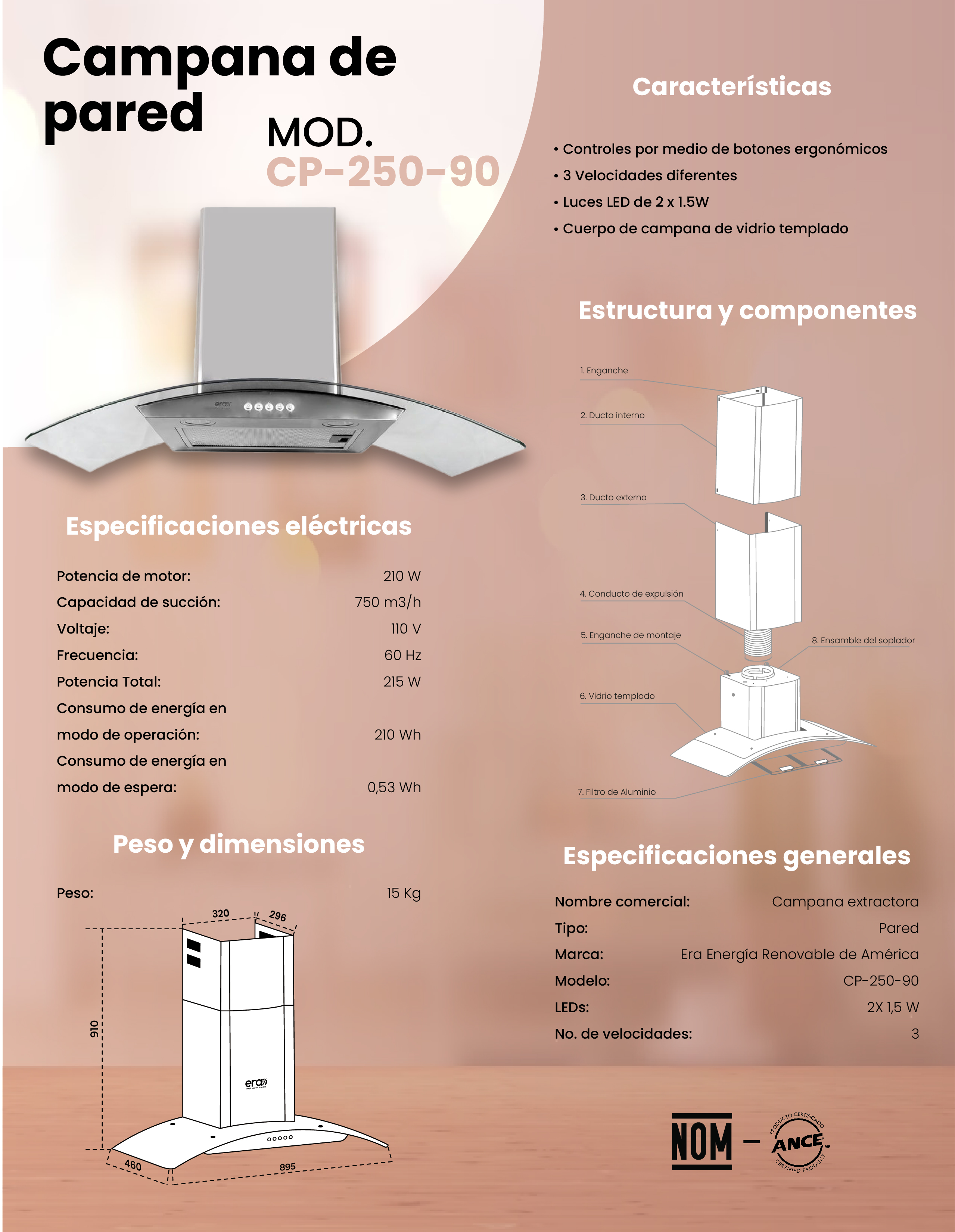 Foto 6 pulgar | Campana Extractora de Cocina Pared ERA CP-250-90 Plateada 90 cm