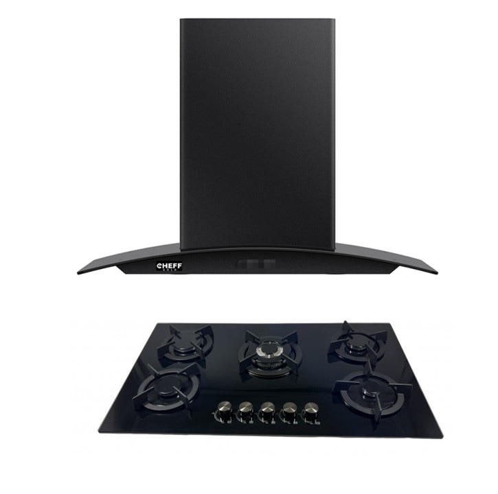 Combo Cheff Gold Campana Purificadora de Pared y Parrilla 5 Quemadores en Cristal Negro 90 cm $10,999