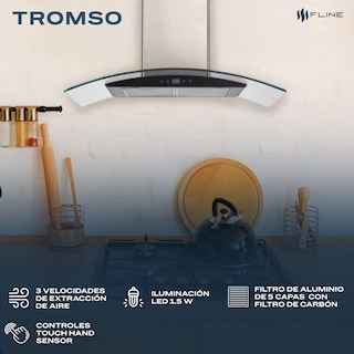Foto 3 | Fline | Campana De Cocina 90 Cm | De Pared | Controles Touch|cristal Curvo Y Acero Inoxidable | 3 Velocidades | Tro