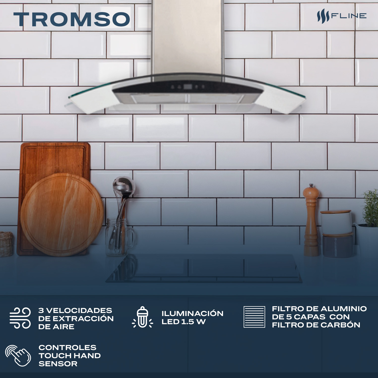 Foto 3 | Fline  Campana De Cocina 76 Cm  De Pared  Controls Touch cristal Curvo Y  Acero Inoxidable  3 Velocidades  Tromso 76