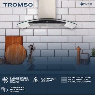 Foto 3 | Fline Campana De Cocina 76 Cm De Pared Controls Touch cristal Curvo Y Acero Inoxidable 3 Velocidades Tromso 76