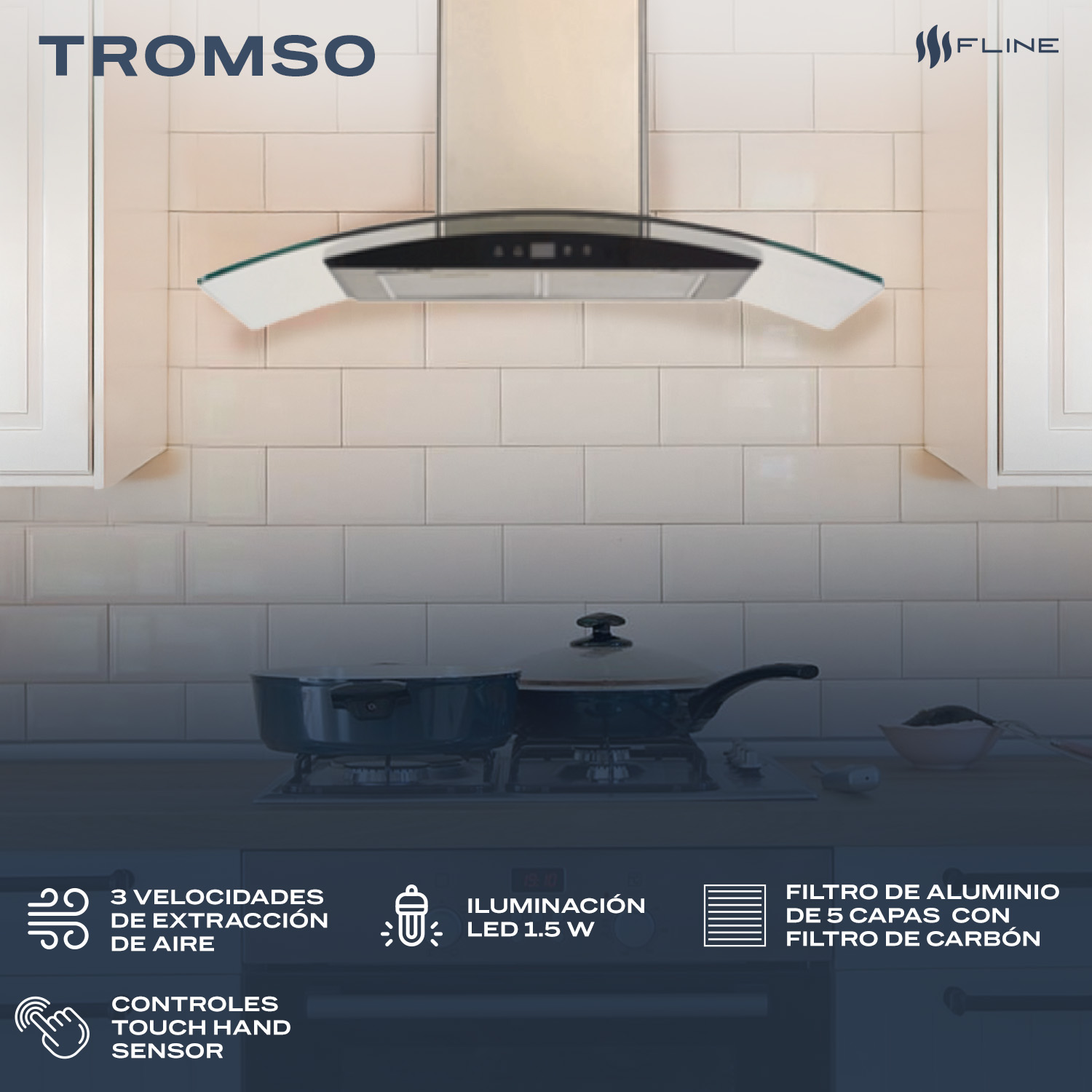 Foto 4 pulgar | Fline Campana De Cocina 60 Cm De Pared Controles Touch Cristal Curvo Y  Acero Inoxidable 3 Velocidades  Tromso 60