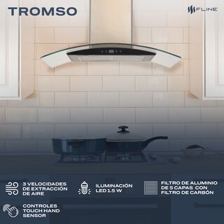 Foto 3 | Fline Campana De Cocina 60 Cm De Pared Controles Touch Cristal Curvo Y Acero Inoxidable 3 Velocidades Tromso 60