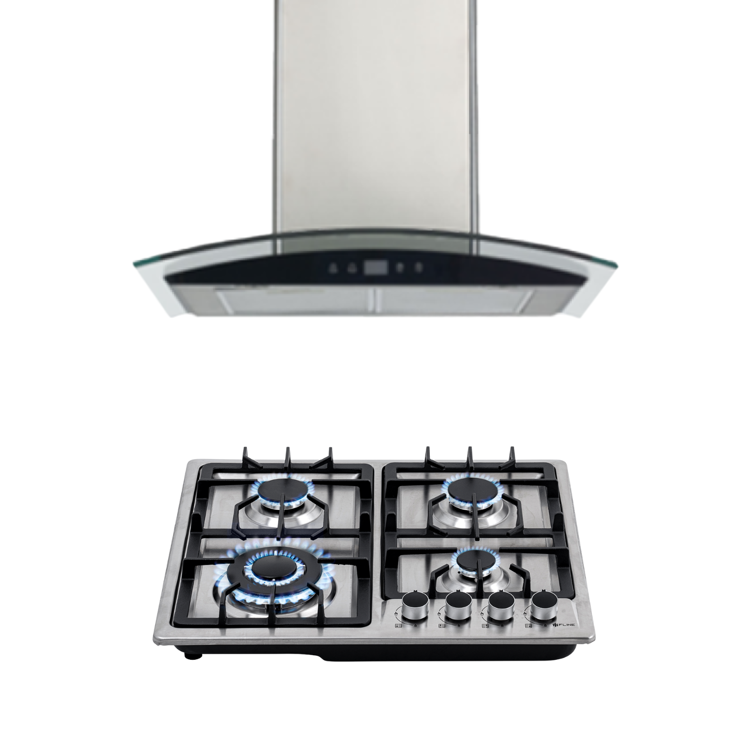 Foto 1 | Fline Combo Parrilla De Gas Y Campana Acero Inoxidable 60 Cm 4 Quemadores Cristal Curvo Controles Touch MA4TR60