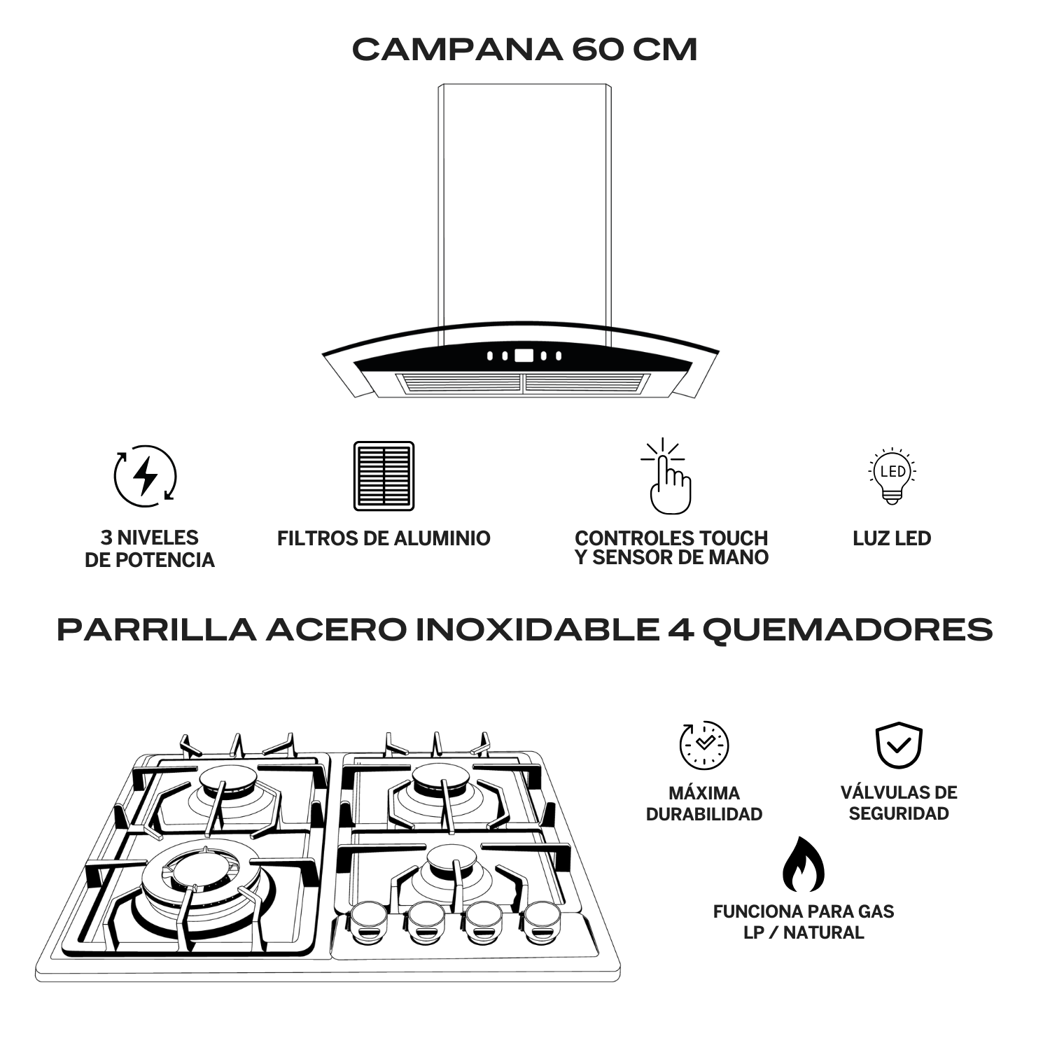 Foto 3 pulgar | Fline Combo Parrilla De Gas Y Campana Acero Inoxidable 60 Cm 4 Quemadores Cristal Curvo Controles Touch MA4TR60
