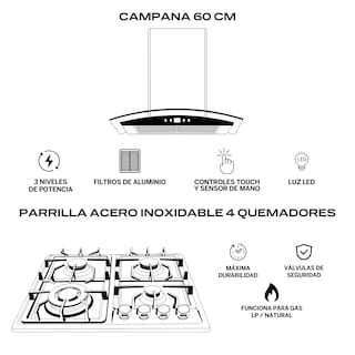 Foto 2 | Fline Combo Parrilla De Gas Y Campana Acero Inoxidable 60 Cm 4 Quemadores Cristal Curvo Controles Touch MA4TR60