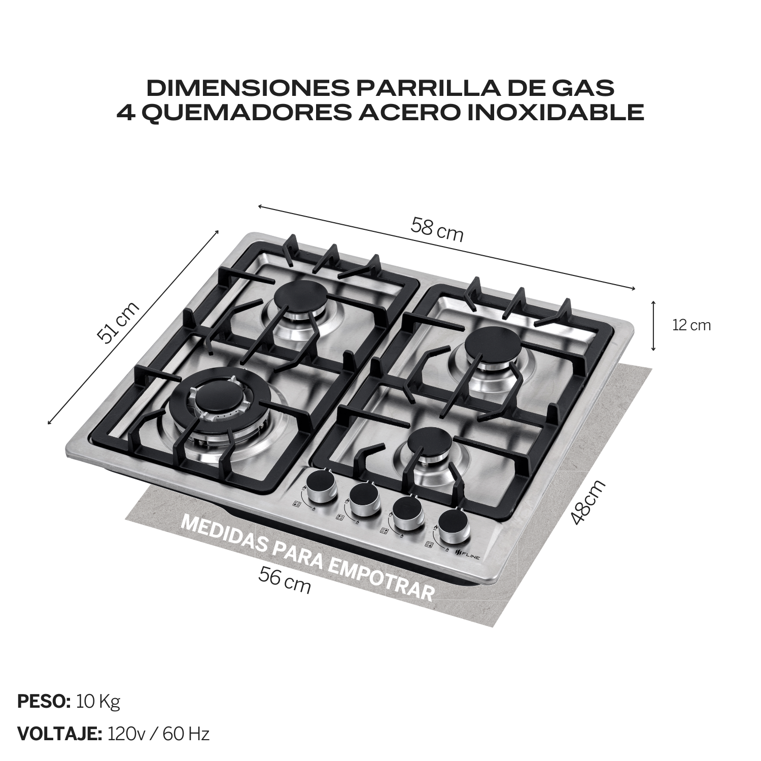Foto 5 pulgar | Fline Combo Parrilla De Gas Y Campana Acero Inoxidable 60 Cm 4 Quemadores Cristal Curvo Controles Touch MA4TR60