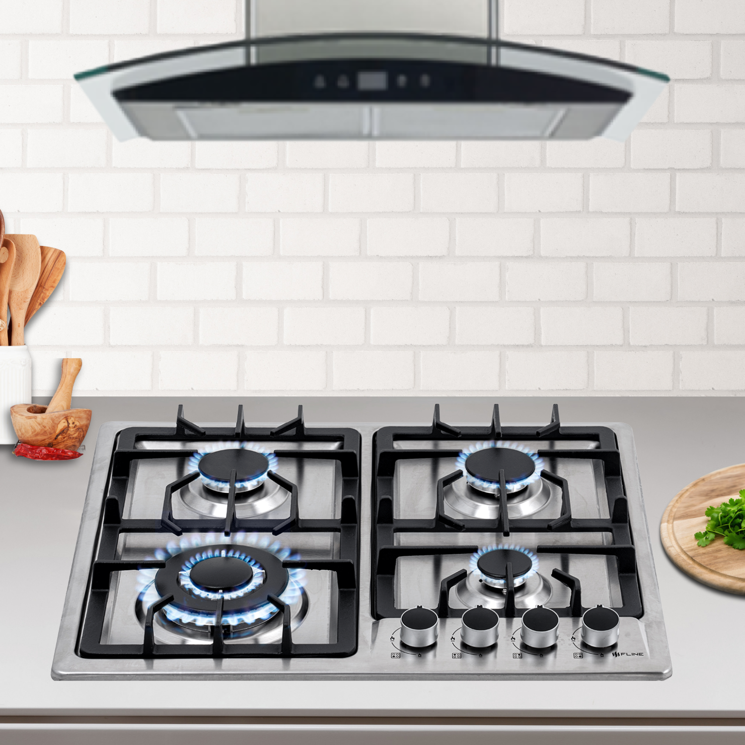 Foto 5 | Fline Combo Parrilla De Gas Y Campana Acero Inoxidable 60 Cm 4 Quemadores Cristal Curvo Controles Touch MA4TR60