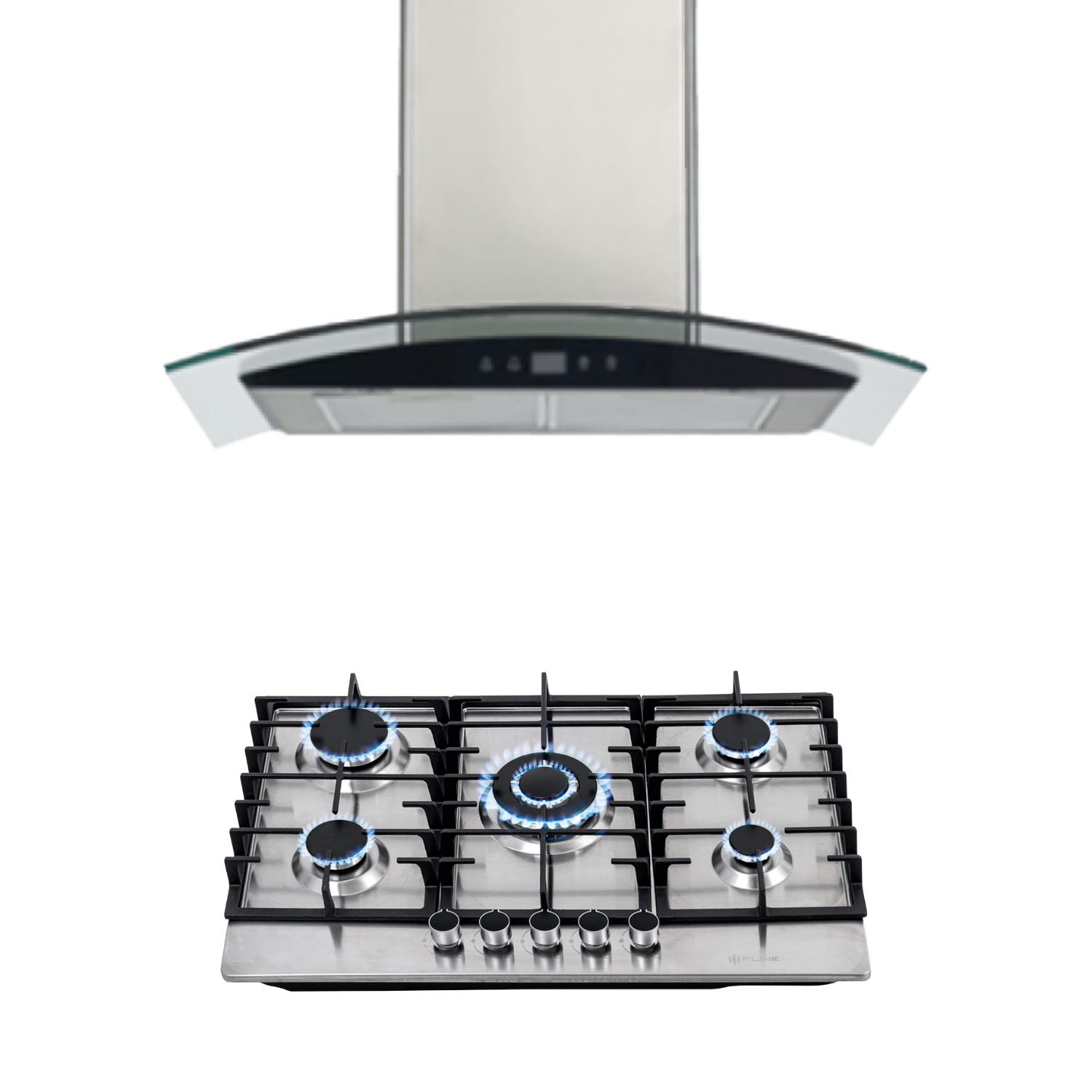 Foto 1 | Fline Combo Parrilla De Gas Y Campana Acero Inoxidable 76 Cm 4 Quemadores Cristal Curvo Controles Touch MA5TR76