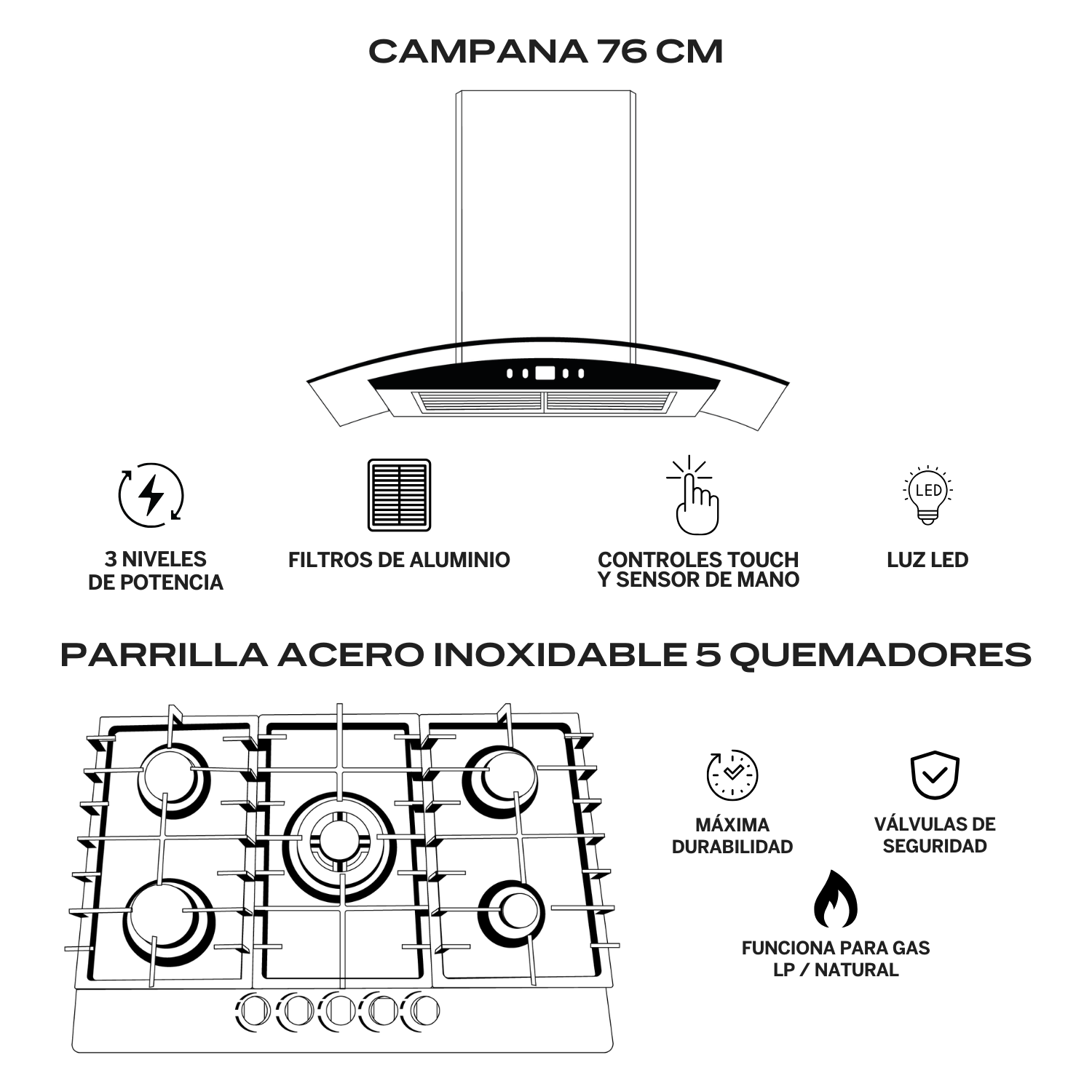 Foto 3 pulgar | Fline Combo Parrilla De Gas Y Campana Acero Inoxidable 76 Cm 4 Quemadores Cristal Curvo Controles Touch MA5TR76