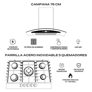Foto 2 | Fline Combo Parrilla De Gas Y Campana Acero Inoxidable 76 Cm 4 Quemadores Cristal Curvo Controles Touch MA5TR76