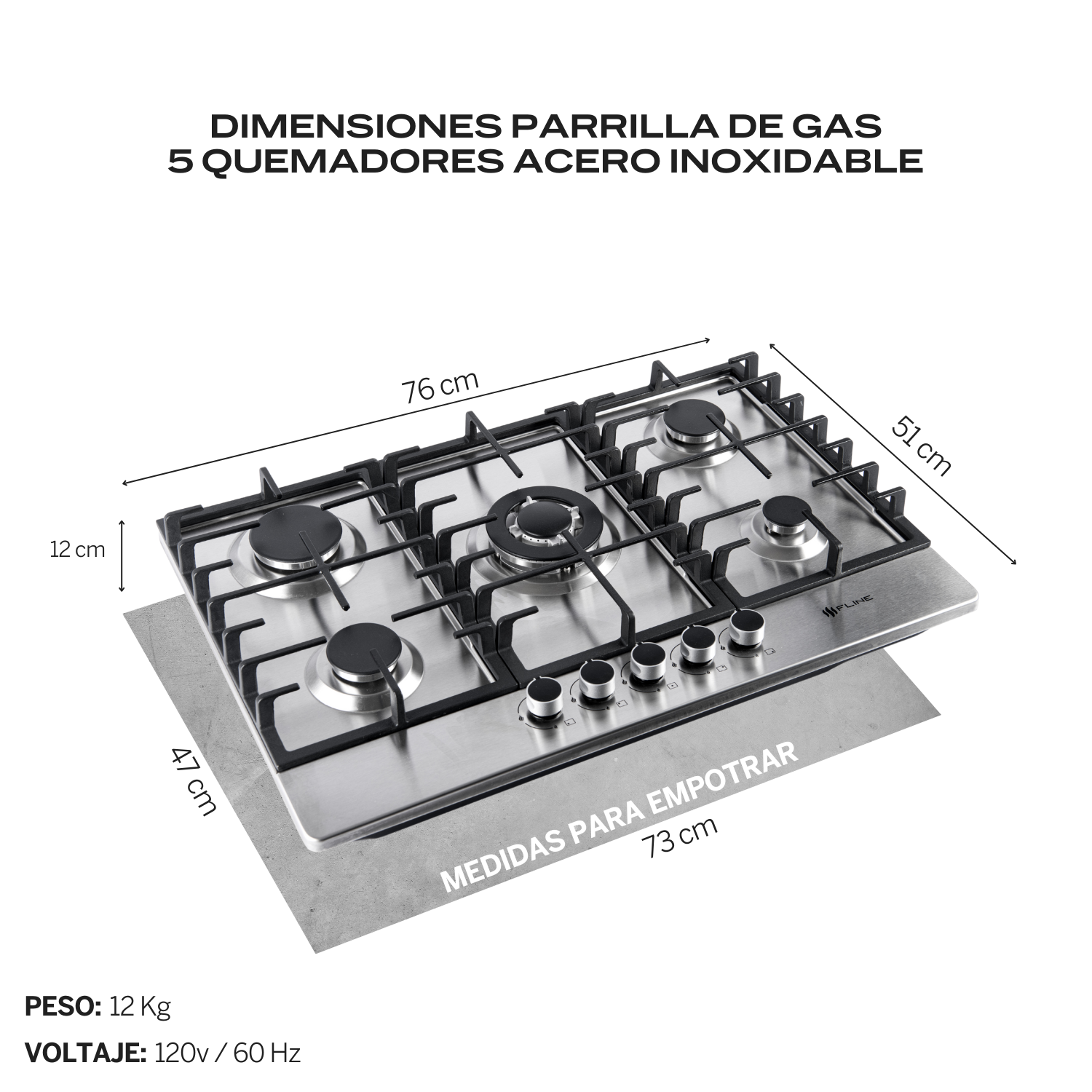 Foto 5 pulgar | Fline Combo Parrilla De Gas Y Campana Acero Inoxidable 76 Cm 4 Quemadores Cristal Curvo Controles Touch MA5TR76