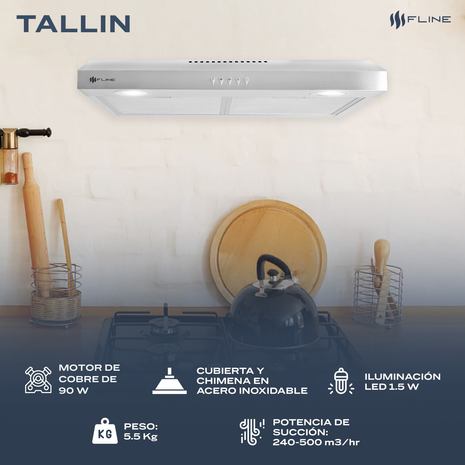 Foto 4 | Campana Extractora De Cocina Slim Acero Inoxidable 60 Cm | Bajo Gabiente | Tallin 60| Fline