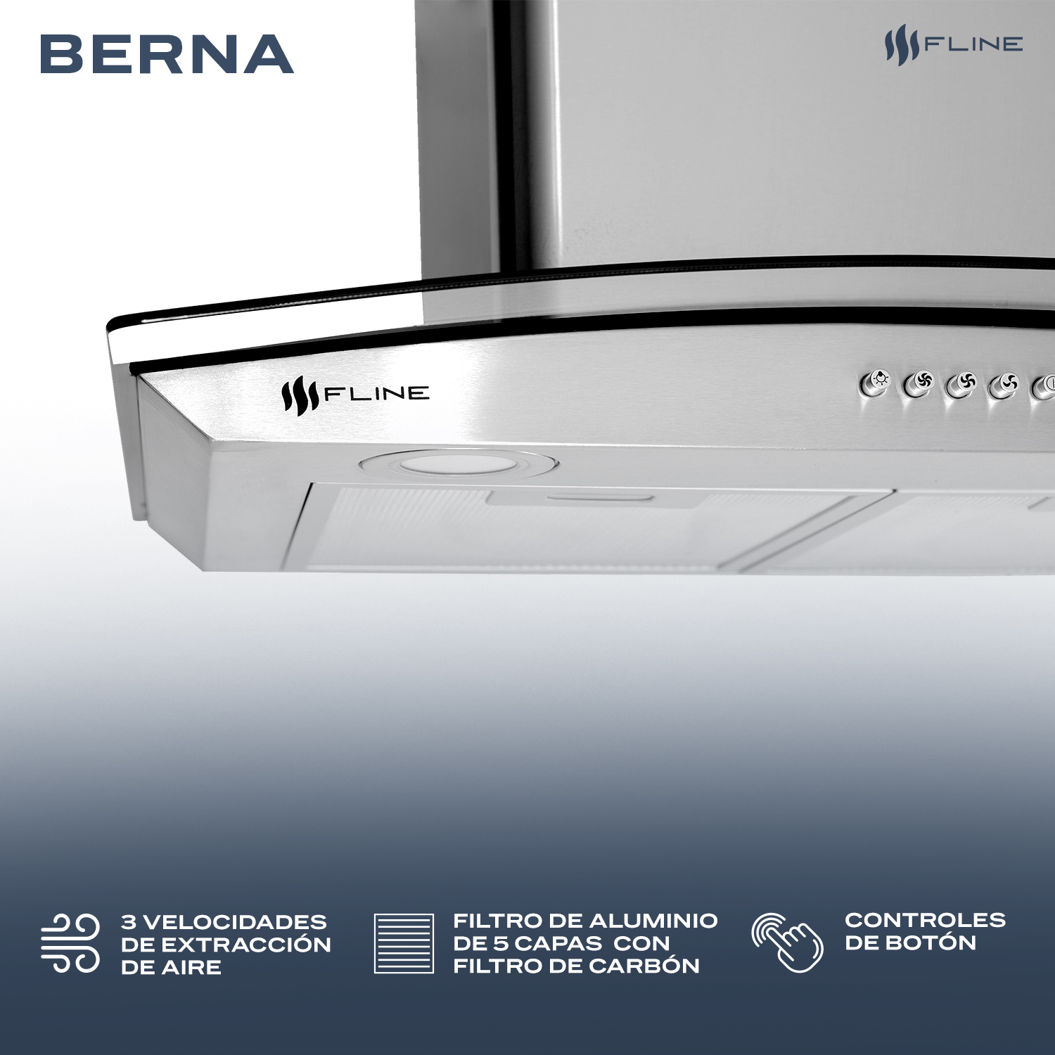 Foto 4 pulgar | Campana Extractora De Cocina 60 Cm De Pared Vidrio Curvo Acero Inoxidable  3 Velocidades Y Control De Boton Berna 60 F