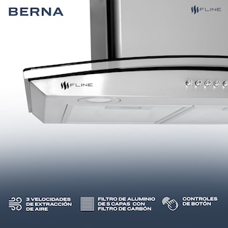Foto 3 | Campana Extractora De Cocina 60 Cm De Pared Vidrio Curvo Acero Inoxidable 3 Velocidades Y Control De Boton Berna 60 F