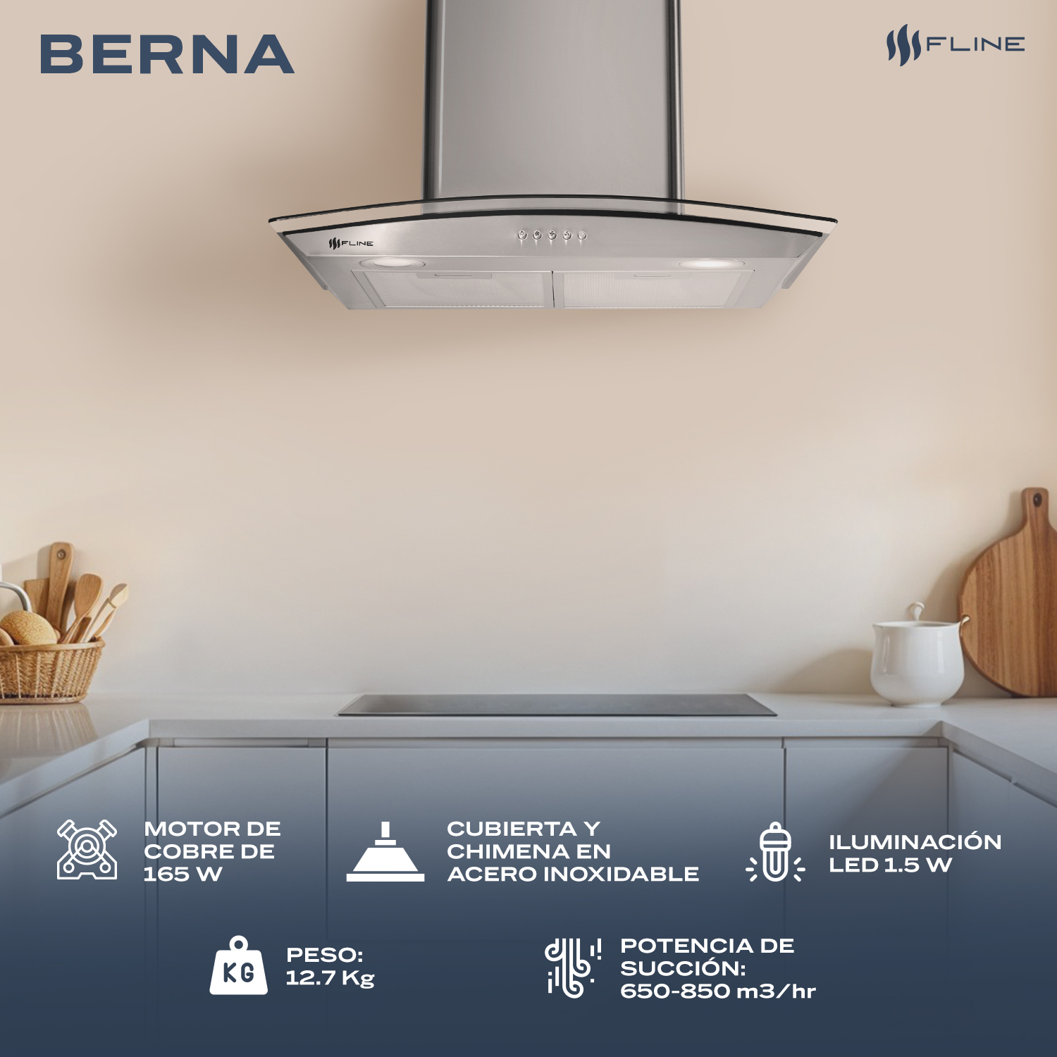 Foto 5 pulgar | Campana Extractora De Cocina 60 Cm De Pared Vidrio Curvo Acero Inoxidable  3 Velocidades Y Control De Boton Berna 60 F