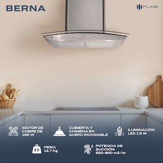 Foto 4 | Campana Extractora De Cocina 60 Cm De Pared Vidrio Curvo Acero Inoxidable 3 Velocidades Y Control De Boton Berna 60 F