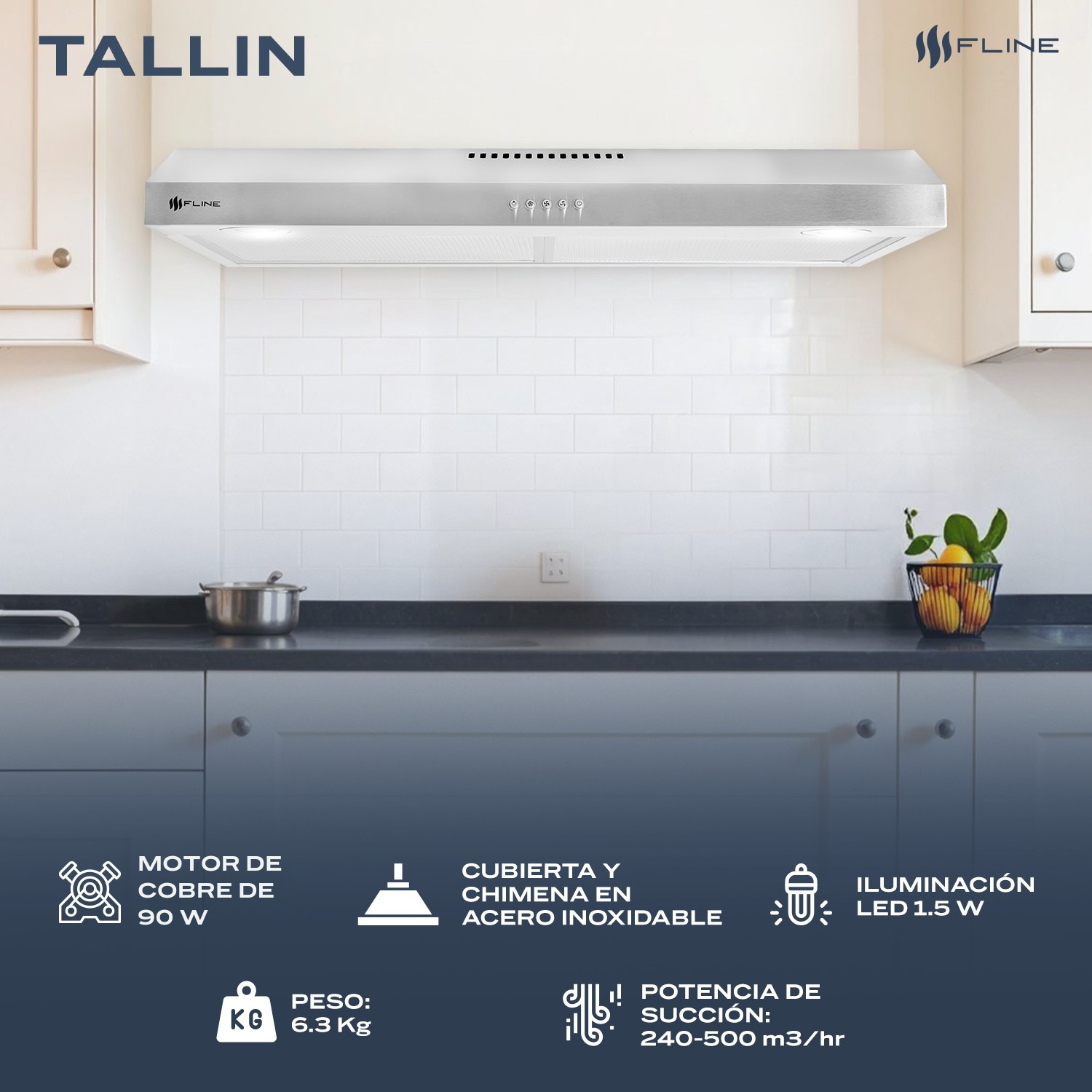 Foto 5 pulgar | Campana Extractora De Cocina Slim Acero Inoxidable 80 Cm | Bajo Gabiente | Tallin 80| Fline