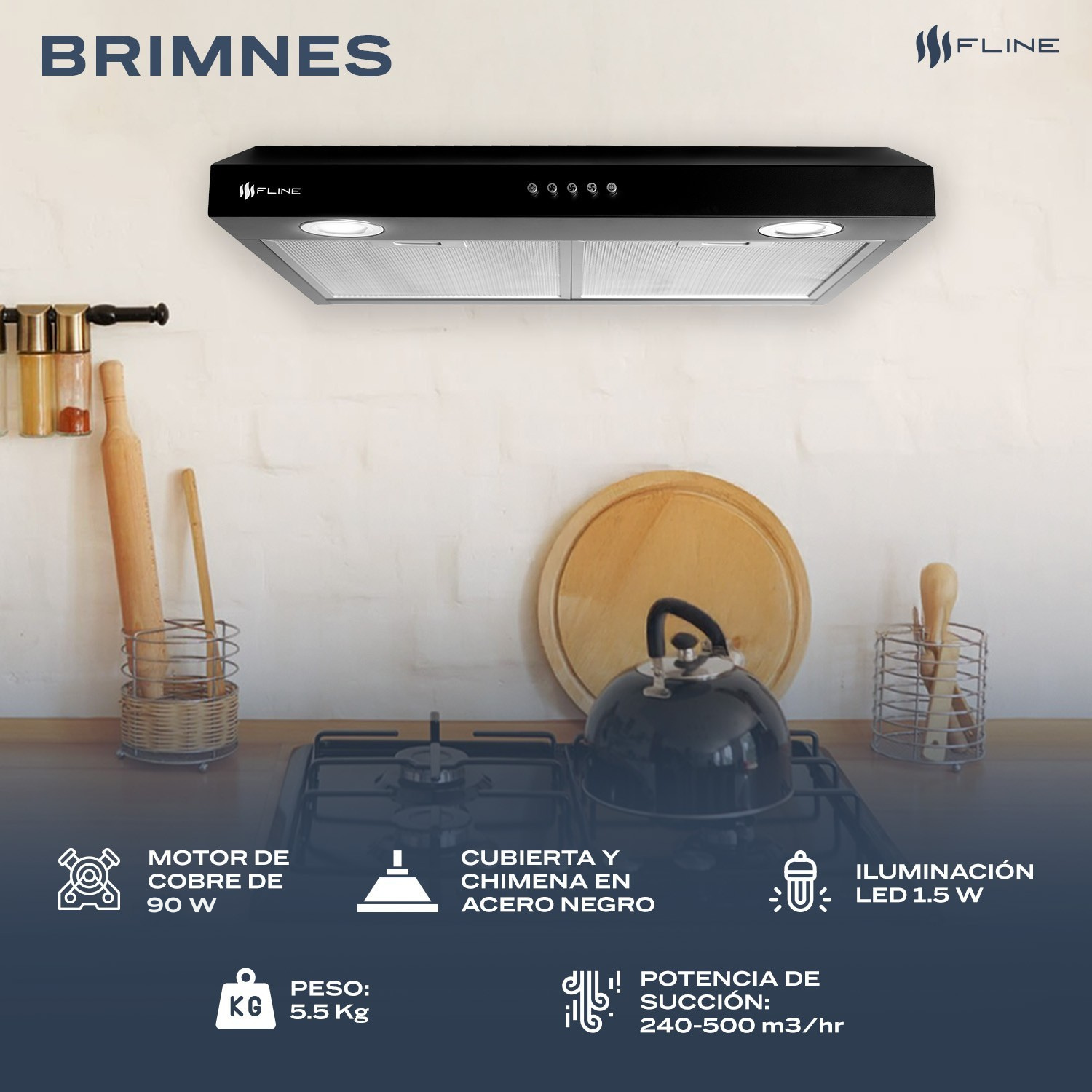 Foto 4 | Campana Extractora De Cocina Slim 60 Cm Negro Matte  | Bajo Gabiente | Brimnes 60| Fline