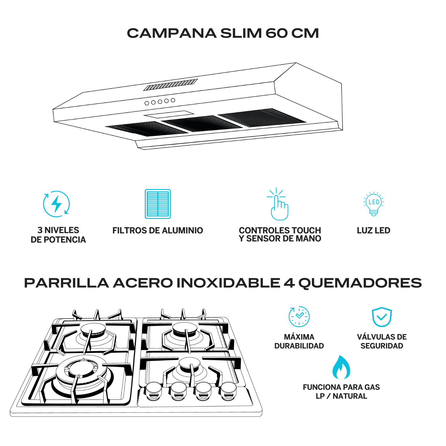 Foto 2 | Combo Parrilla de Gas y Campana Acero Inoxidable Fline Ma4ta60 4 Quemadores