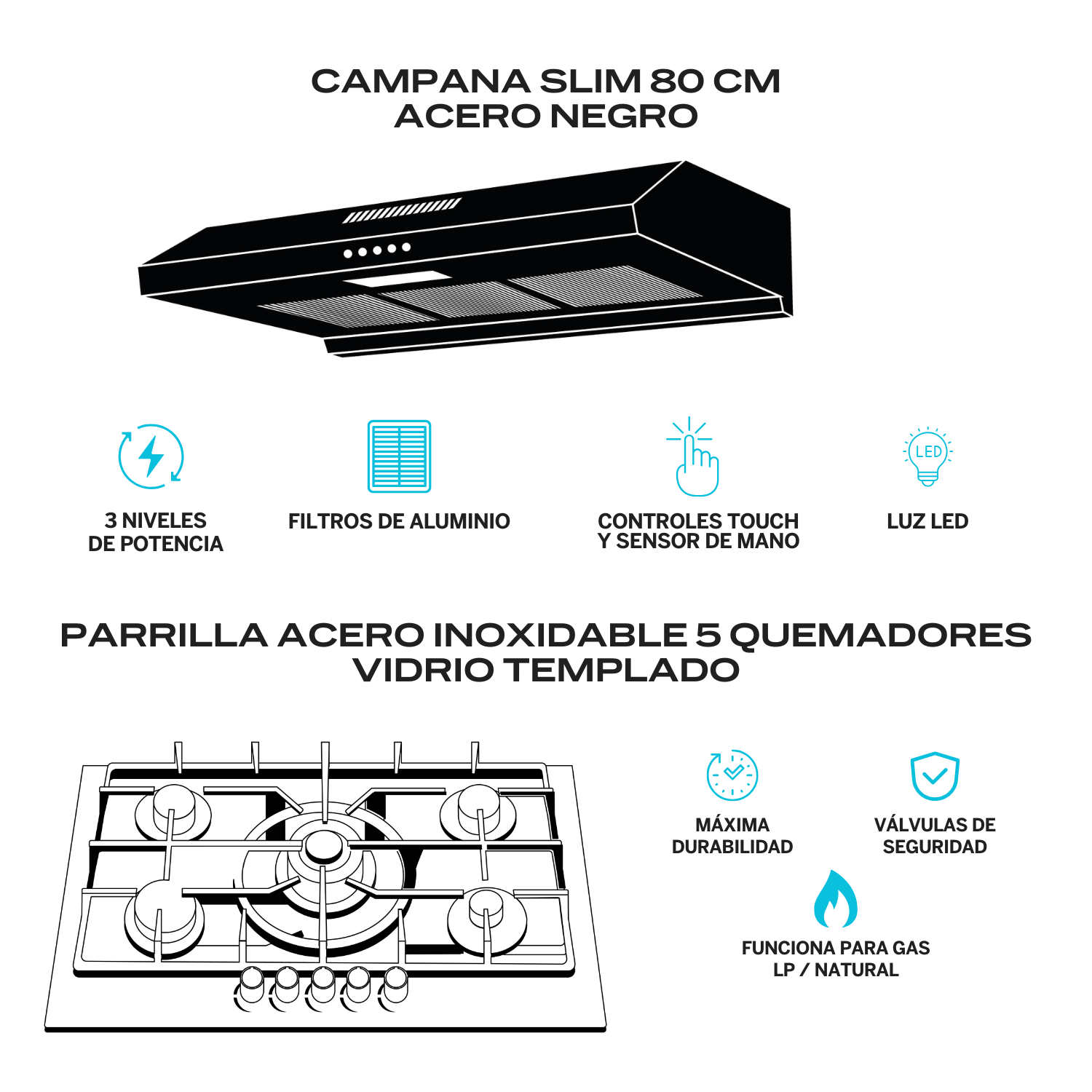 Foto 2 | Combo Parrilla de Gas y Campana Acero Inoxidable Fline Op5abr80 5 Quemadores