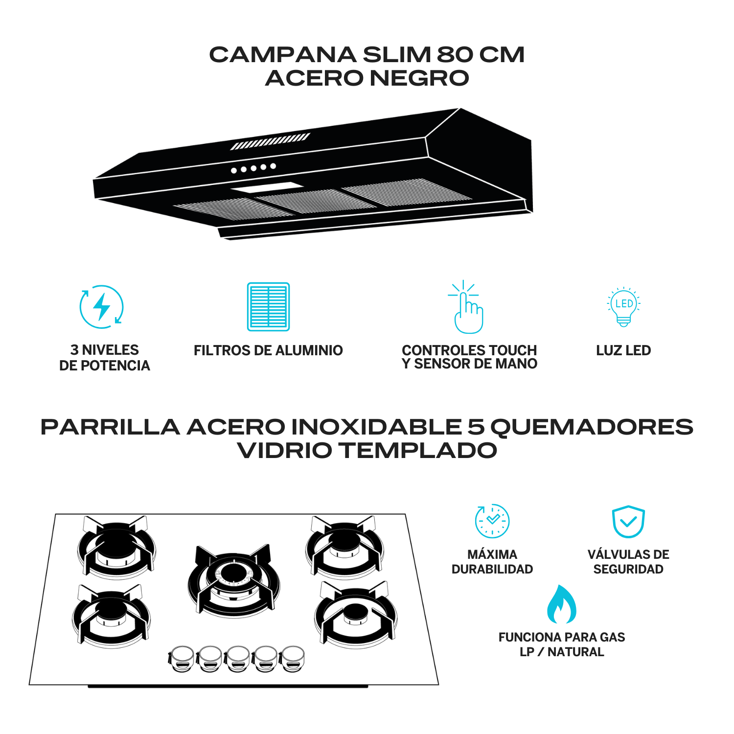 Foto 3 pulgar | Combo Parrilla de Gas y Campana Acero Inoxidable Fline Os5br80 5 Quemadores