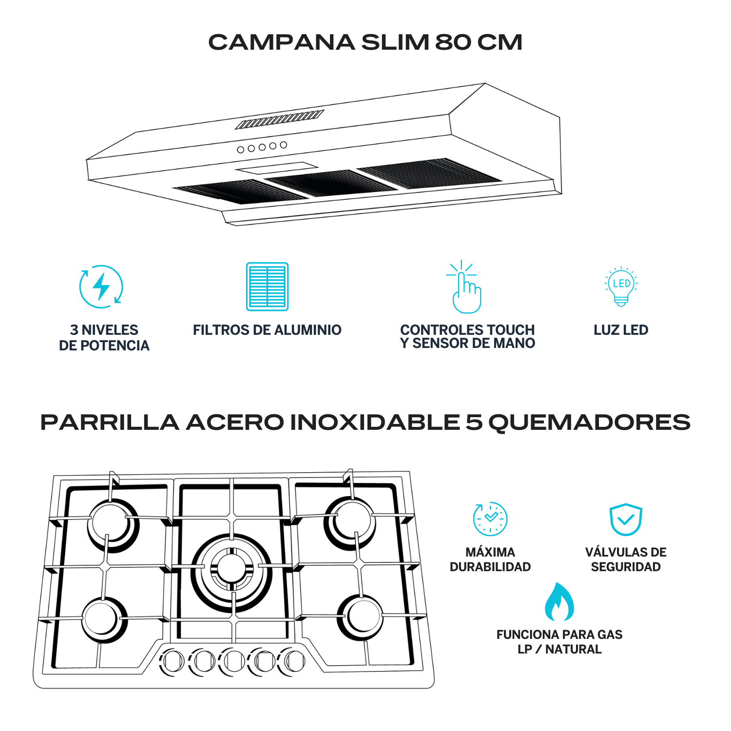 Foto 3 pulgar | Combo Parrilla de Gas y Campana Acero Inoxidable Fline Lu5ta80 5 Quemadores