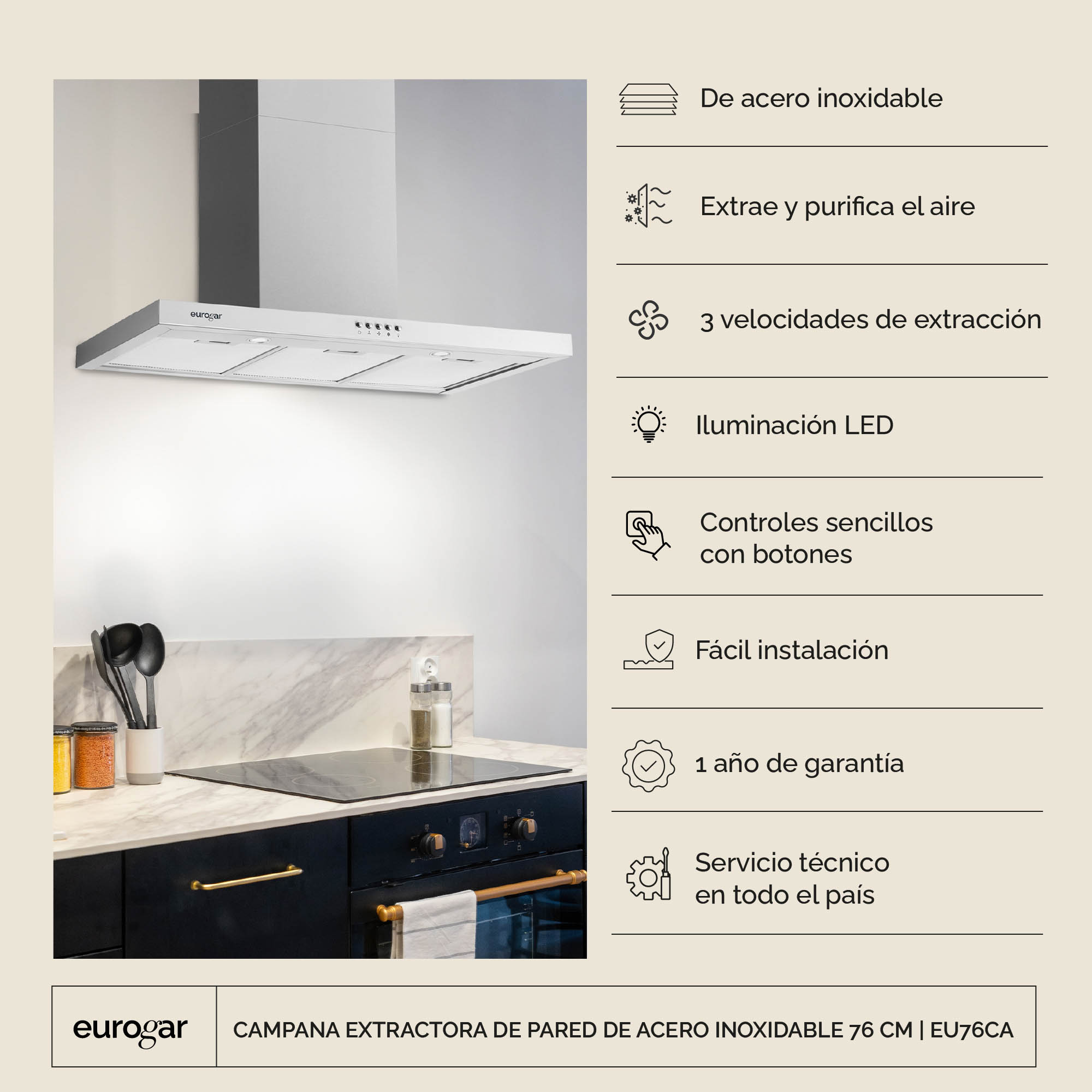 Foto 4 pulgar | Campana Extractora De Pared Acero Inoxidable 76 Cm