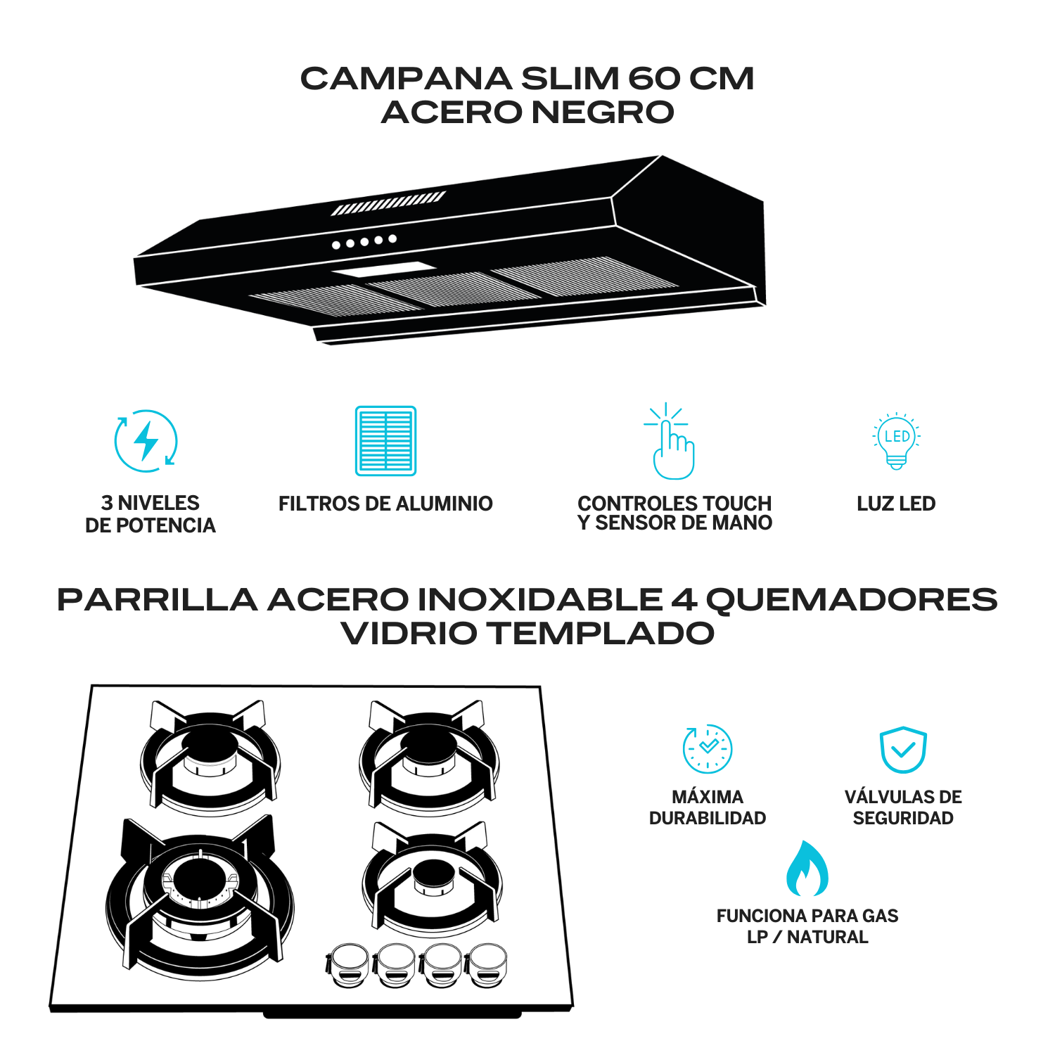 Foto 3 pulgar | Combo Parrilla de Gas y Campana Acero Inoxidable Fline  Os4br60 Negro