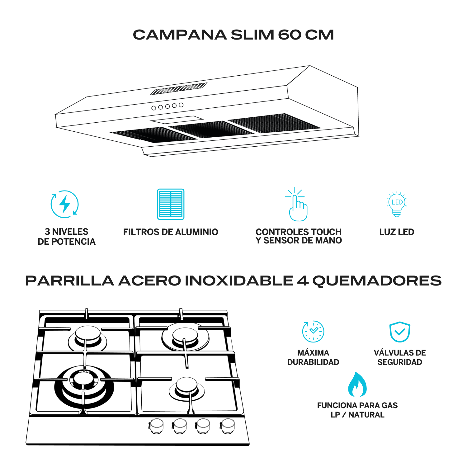 Foto 3 pulgar | Combo Parrilla de Gas y Campana Acero Inoxidable Fline  4 Quemadores