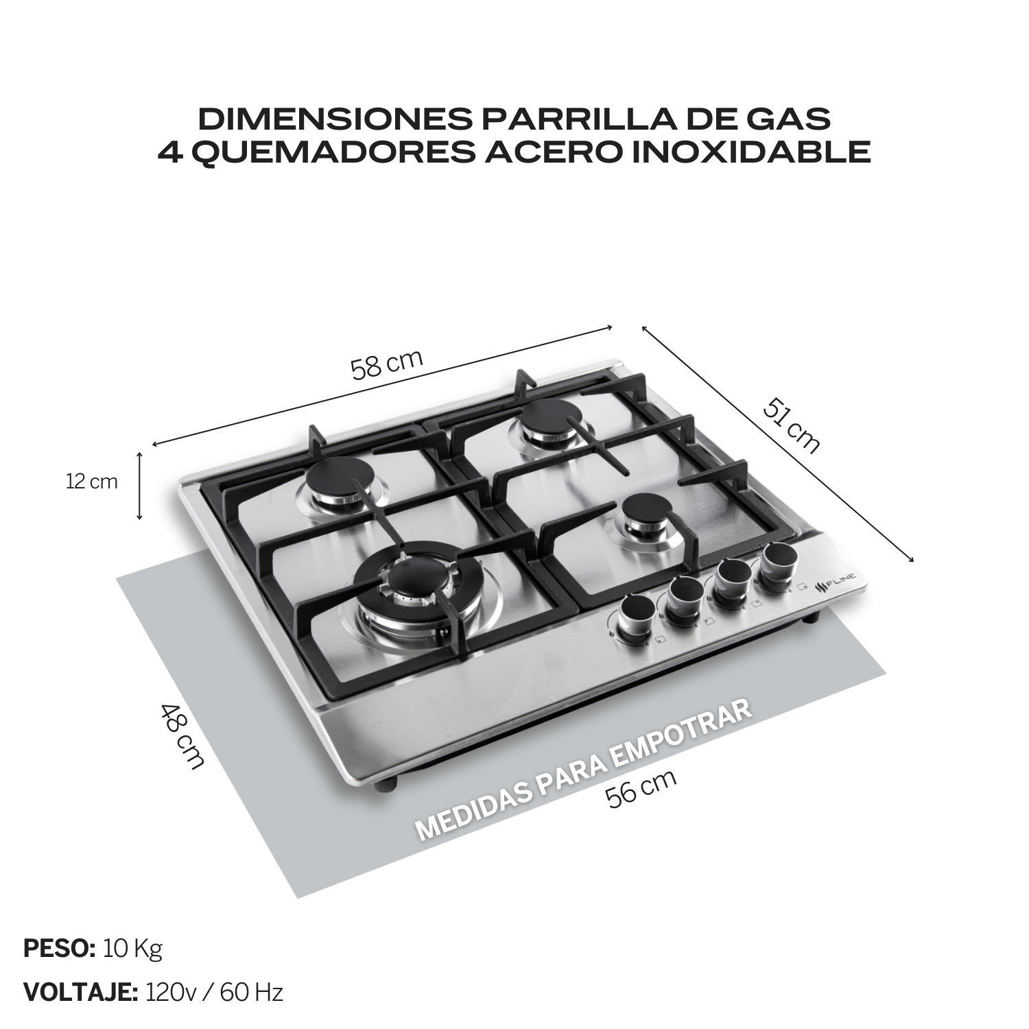 Foto 5 pulgar | Combo Parrilla de Gas y Campana Acero Inoxidable Fline  4 Quemadores