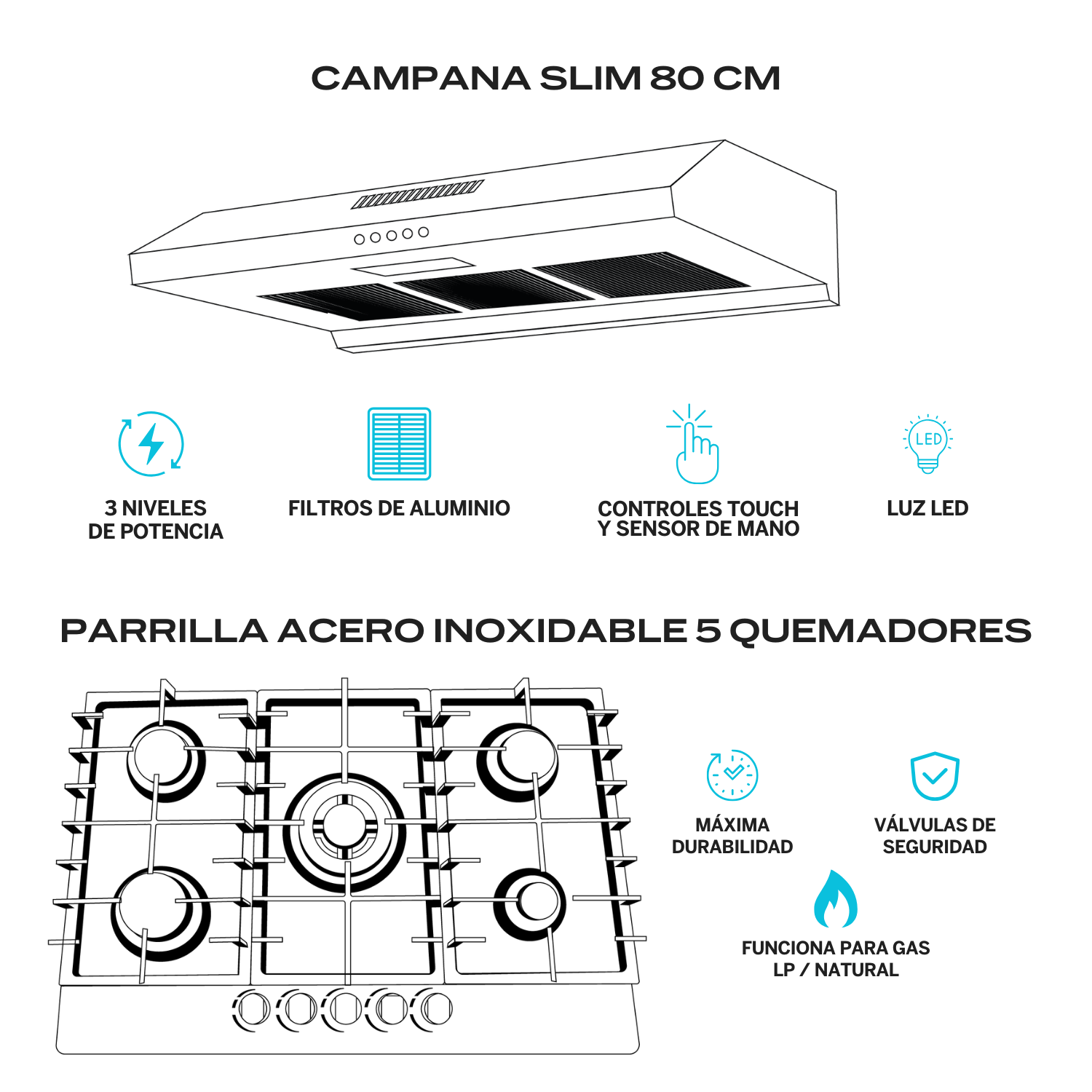 Foto 3 pulgar | Combo Parrilla de Gas y Campana Acero Inoxidable Fline Ma5ta80 5 Quemadores