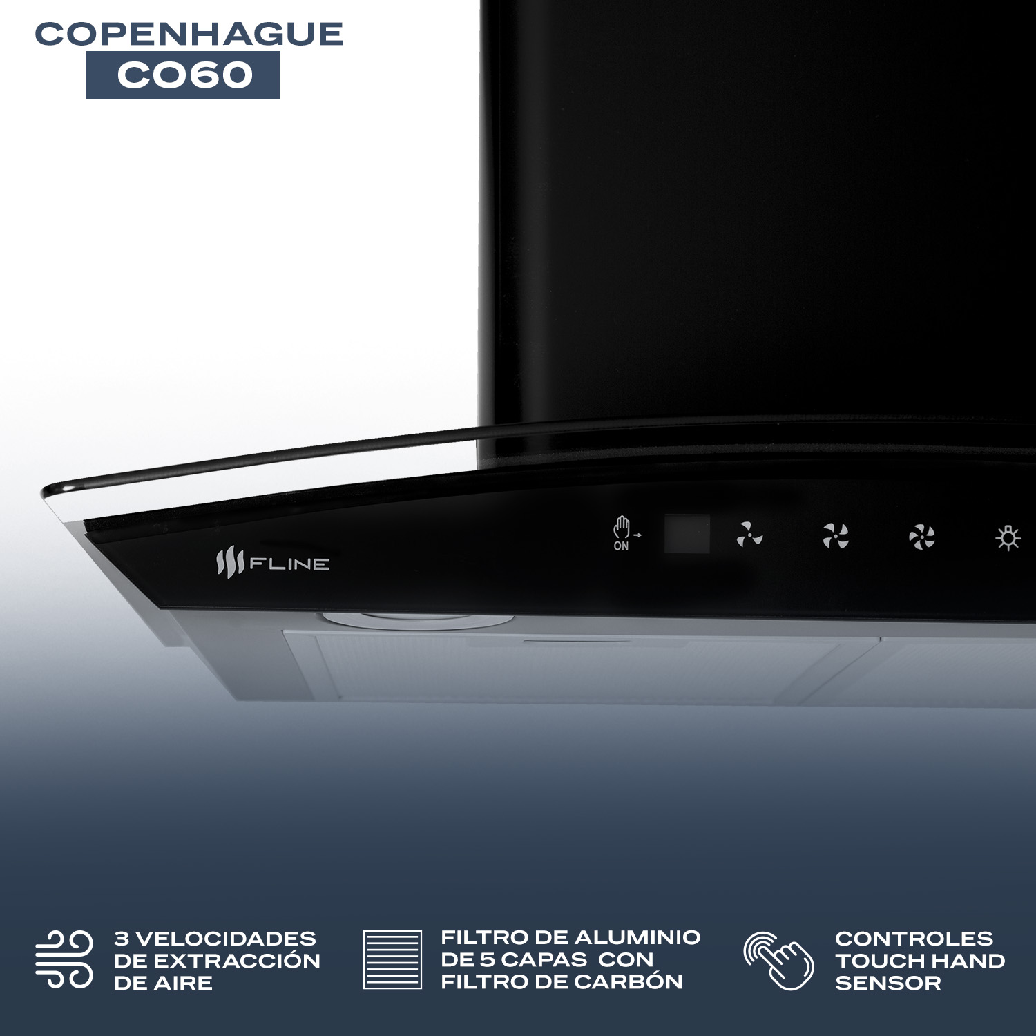 Foto 3 | Campana Extractora De Cocina De Pared 60 Cm Cristal Curvo Negra  | Controles Touch| Copenhague 60| Fline