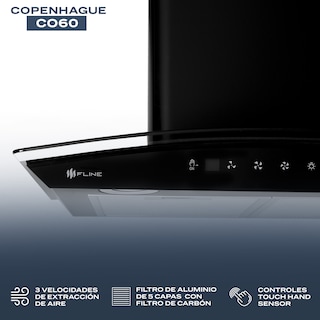 Foto 3 | Campana Extractora De Cocina De Pared 60 Cm Cristal Curvo Negra | Controles Touch| Copenhague 60| Fline