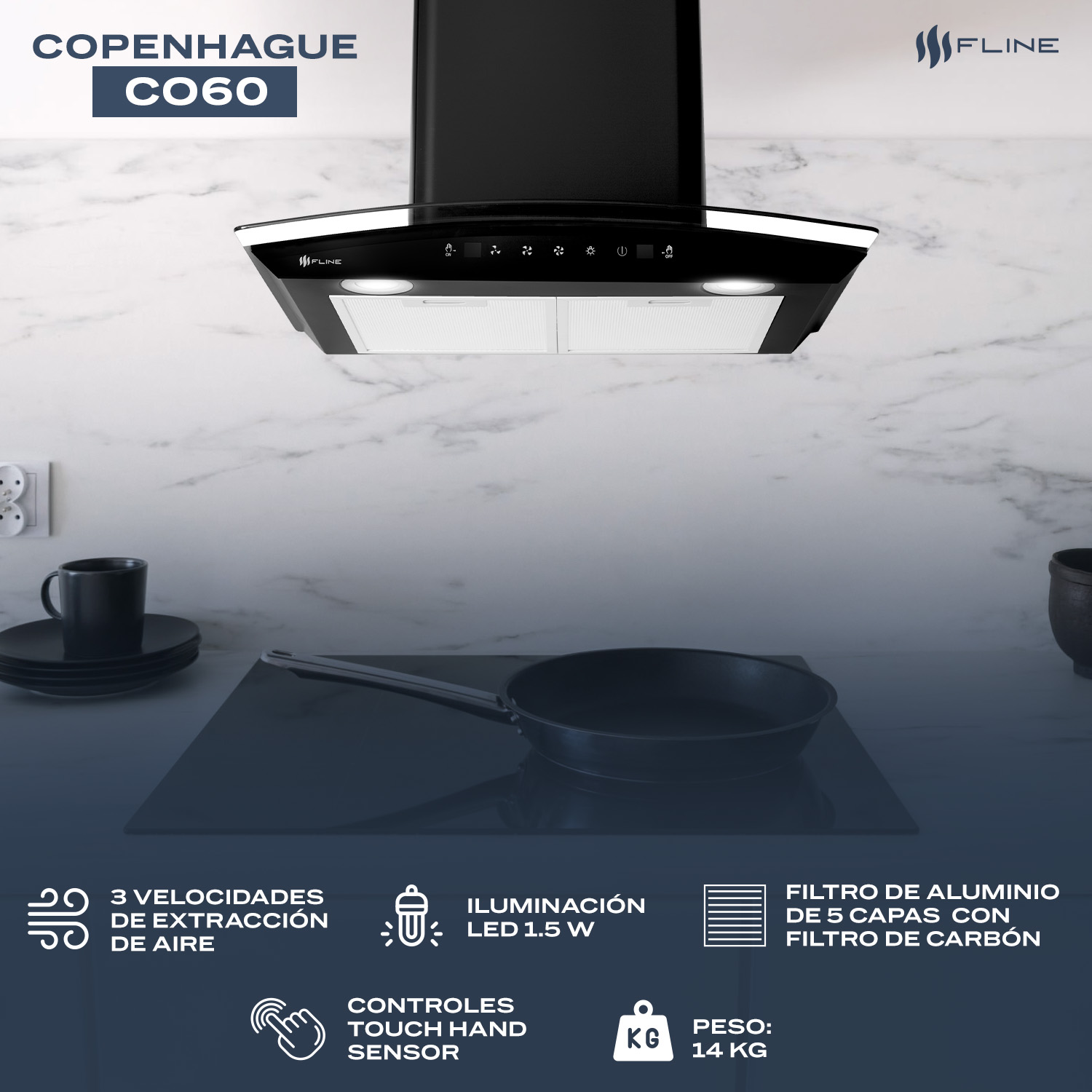 Foto 5 pulgar | Campana Extractora De Cocina De Pared 60 Cm Cristal Curvo Negra  | Controles Touch| Copenhague 60| Fline